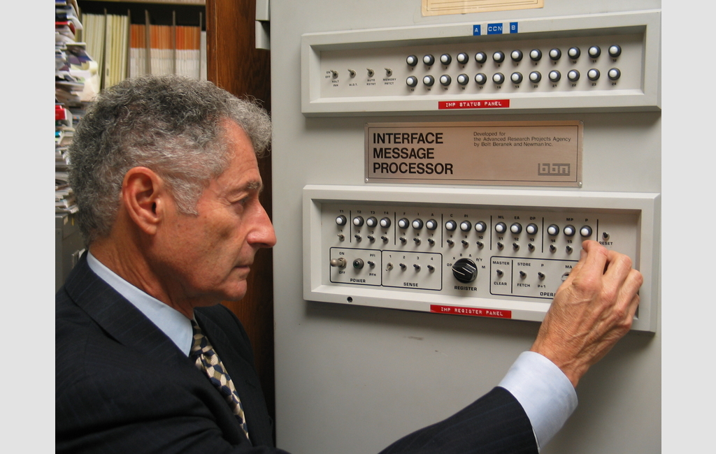 Leonard Kleinrock at the Interface Message Processor, or IMP, which was used to send the first message on the internet in 1969