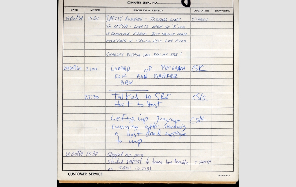 “Talked to SRI Host to Host;” Oct. 29, 1969 at 10:30 p.m. Note made by Charley Kline at UCLA after “LO” was successfully transmitted to Bill Duvall at SRI